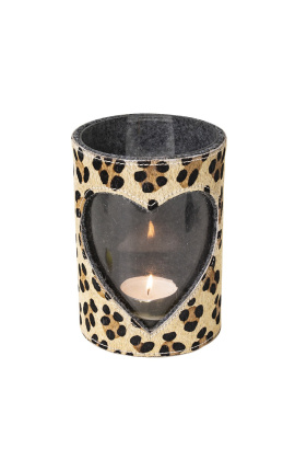 Kerzenhalter aus Rindsleder in Herzform mit Leopardenmuster, Größe XL