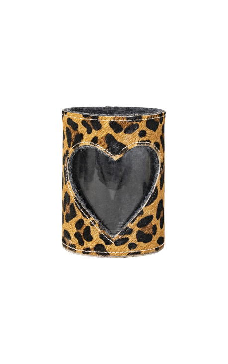 Porta tealight in pelle bovina con cuore stampa leopardo taglia L