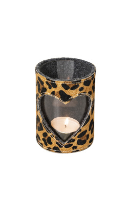 Suport de lumânare din piele de vacă cu inimă cu imprimeu leopard mărimea L