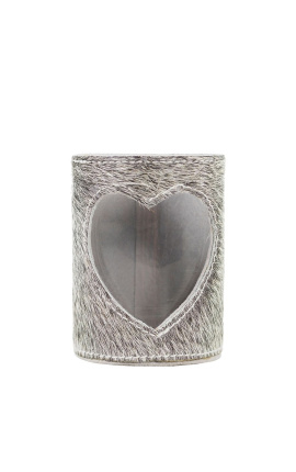 Tenitore candela in pelle di mucca di cuore grigio, taglia XL