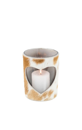 Brown and white heart cowhide candle holder size L