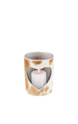 Brown and white heart cowhide candle holder size M