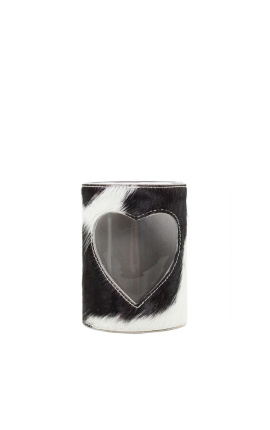 Tenitore candela in cuoio di mucca nero e bianco, taglia M