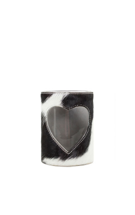 Schwarz-weißer Herz-Kerzenhalter aus Rindsleder Größe M