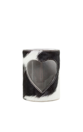 Črno-bel svečnik iz goveje kože v obliki srca, velikost L