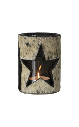 Porta tealight in pelle bovina con stella bianca e nera