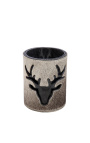 Gray cowhide candle holder with deer decor