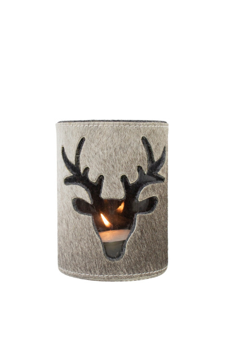 Gray cowhide candle holder with deer decor