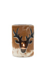 Brown and white cowhide candle holder with deer decoration