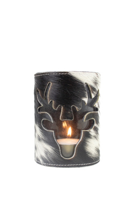 Черно-бял свещник от телешка кожа с декорация на елени