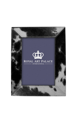 Rectangular photo frame in black and white cowhide for a photo of 18cm x 13cm