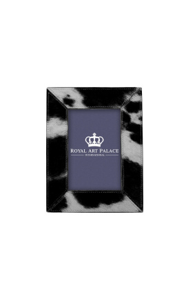 Rectangular photo frame in black and white cowhide for a photo of 15cm x 10cm