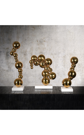 3 hedendaagse gouden sculpturen "Bubble Effect" op marmerbasis