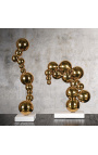 Set of 3 contemporary golden sculptures "Bubble Effect" on marble base