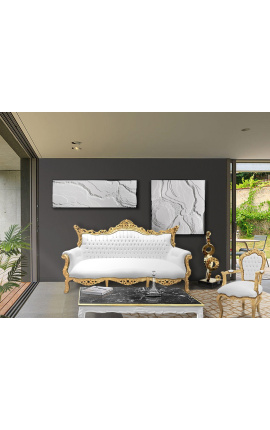 Барок рококо 3 местен диван бяла изкуствена кожа и златно дърво