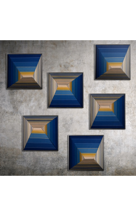 Set of 6 contemporary square paintings "Convex Optic Blue"
