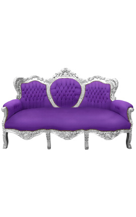 Sofa w stylu barokowym fioletowa aksamitna tkanina i drewno srebrne