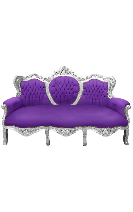 Barock-Sofa aus violettem Samtstoff und Holz in Silber