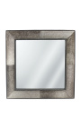 Specchio quadrato con vera pelle di vacchetta grigia