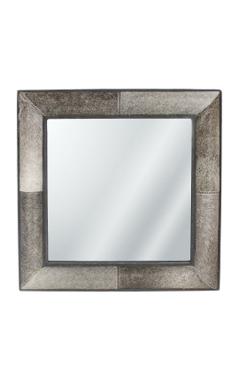 Miroir carré avec peau de vache véritable gris