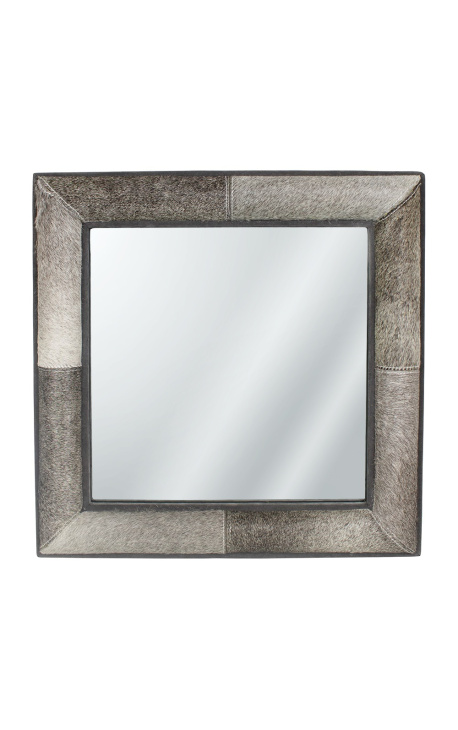 Specchio quadrato con vera pelle di vacchetta grigia