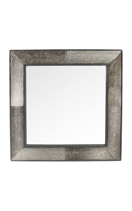 Square mirror with real cowhide gray