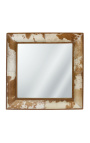 Specchio quadrato con vera pelle bovina marrone e bianca