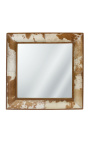 Square mirror with real cowhide brown and white