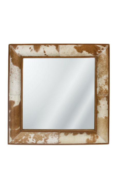 Square mirror with real cowhide brown and white