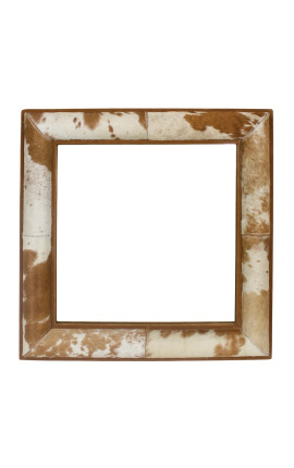 Square mirror with real cowhide brown and white