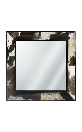 Specchio quadrato con pelle di mucca vera in bianco e nero