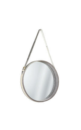 Rundt hængende spejl med ægte okselæder grå