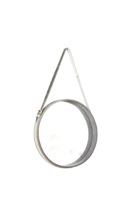 Round hanging mirror with real cowhide gray