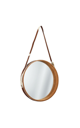 Rund hängande spegel med äkta kohud brunt och vitt