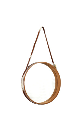 Round hanging mirror with real cowhide brown and white
