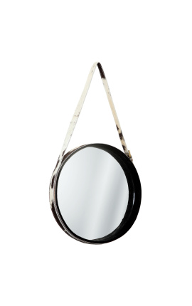 Miroir rond à suspendre avec peau de vache véritable noir et blanc