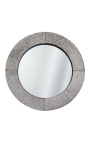 Espelho de mesa redonda com couro genuíno cinza