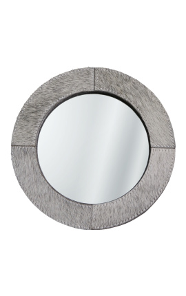 Miroir rond à poser avec peau de vache véritable gris