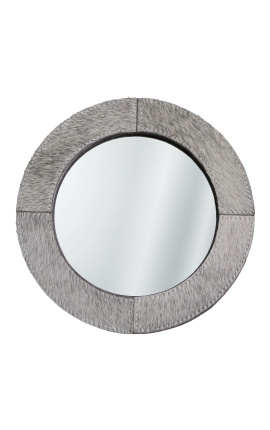 Espelho de mesa redonda com couro genuíno cinza