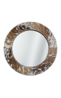 Miroir rond à poser avec peau de vache véritable marron et blanc