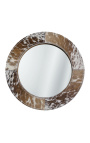 Round table mirror with genuine brown and white cowhide