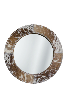 Espelho de mesa redonda com couro legítimo marrom e branco