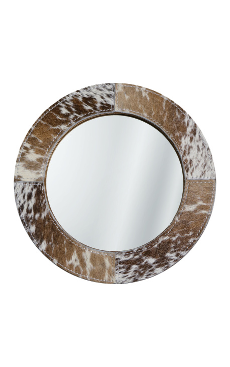 Round table mirror with genuine brown and white cowhide