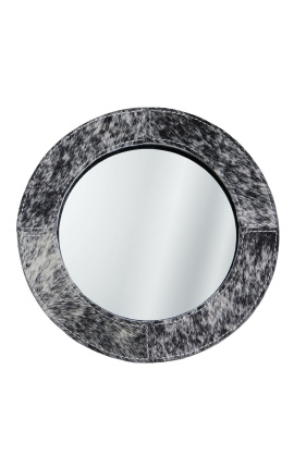 Kulaté stolní zrcadlo s pravou černou a bílou hovězí kůží