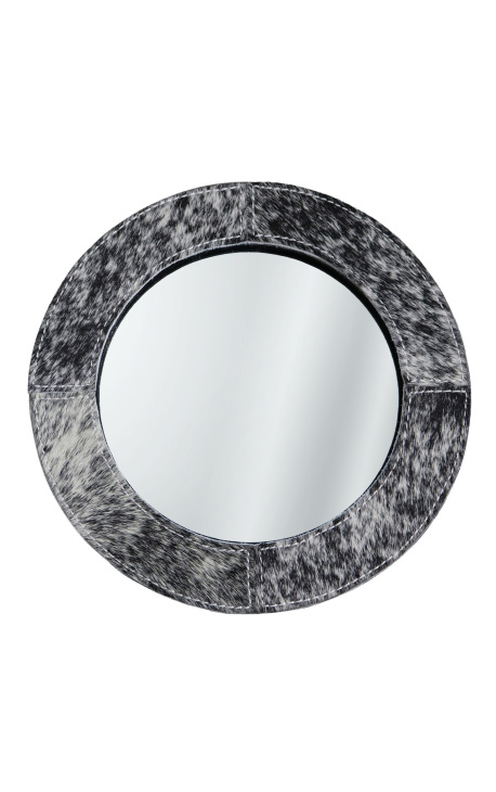 Miroir rond à poser avec peau de vache véritable noir et blanc