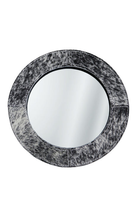 Зеркало круглого стола с натуральной черно-белой воловьей кожей