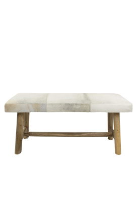 Bench in wood and gray cowhide