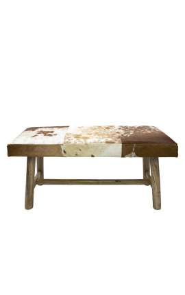 Bench in wood and brown and white cowhide