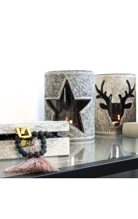 Gray cowhide candle holder with deer decor