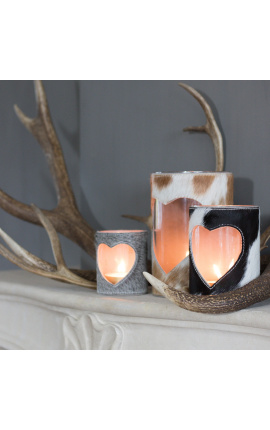 Black and white heart cowhide candle holder size L